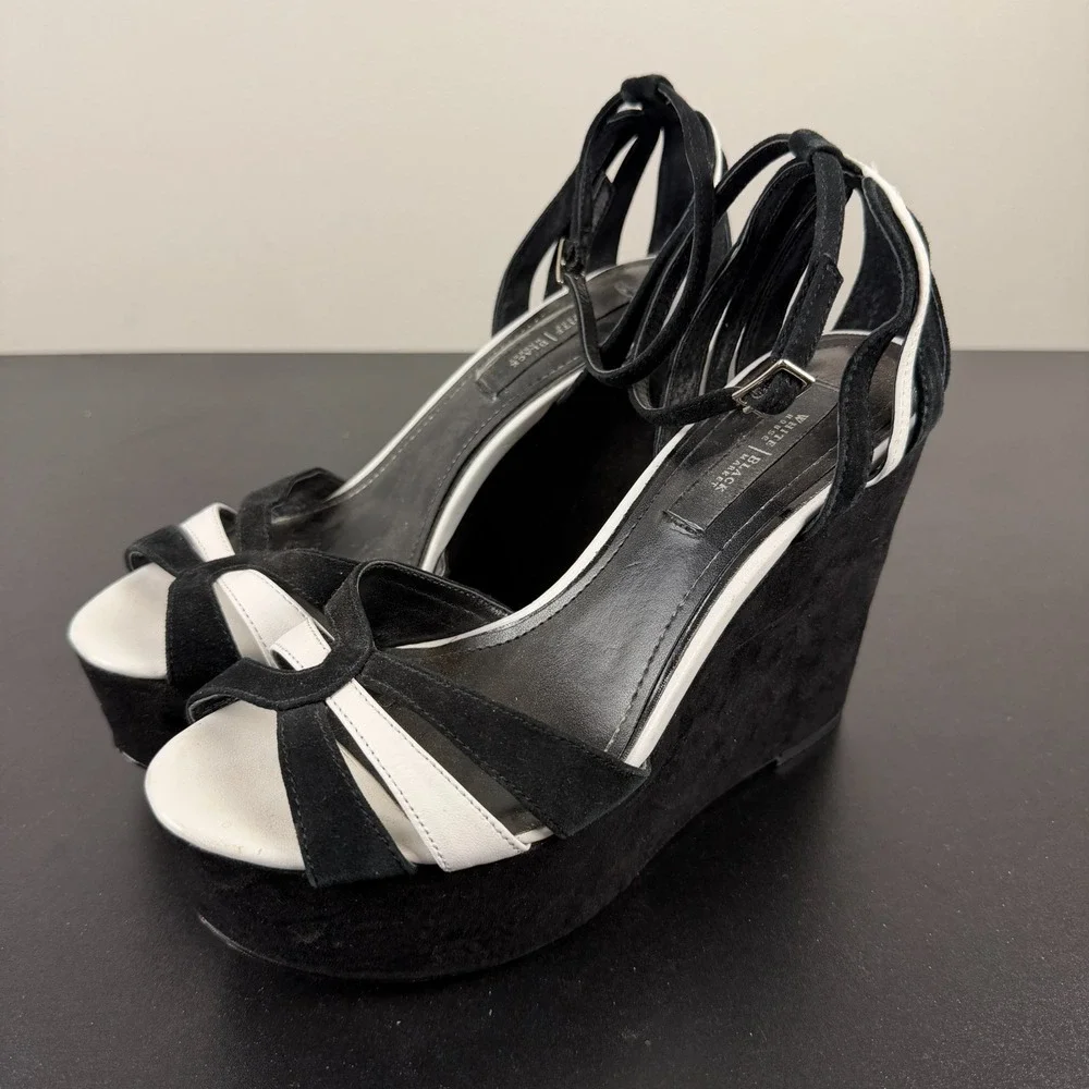 White House Black Market Platform Heels Womens 8M Black Suede Peep Toe Career